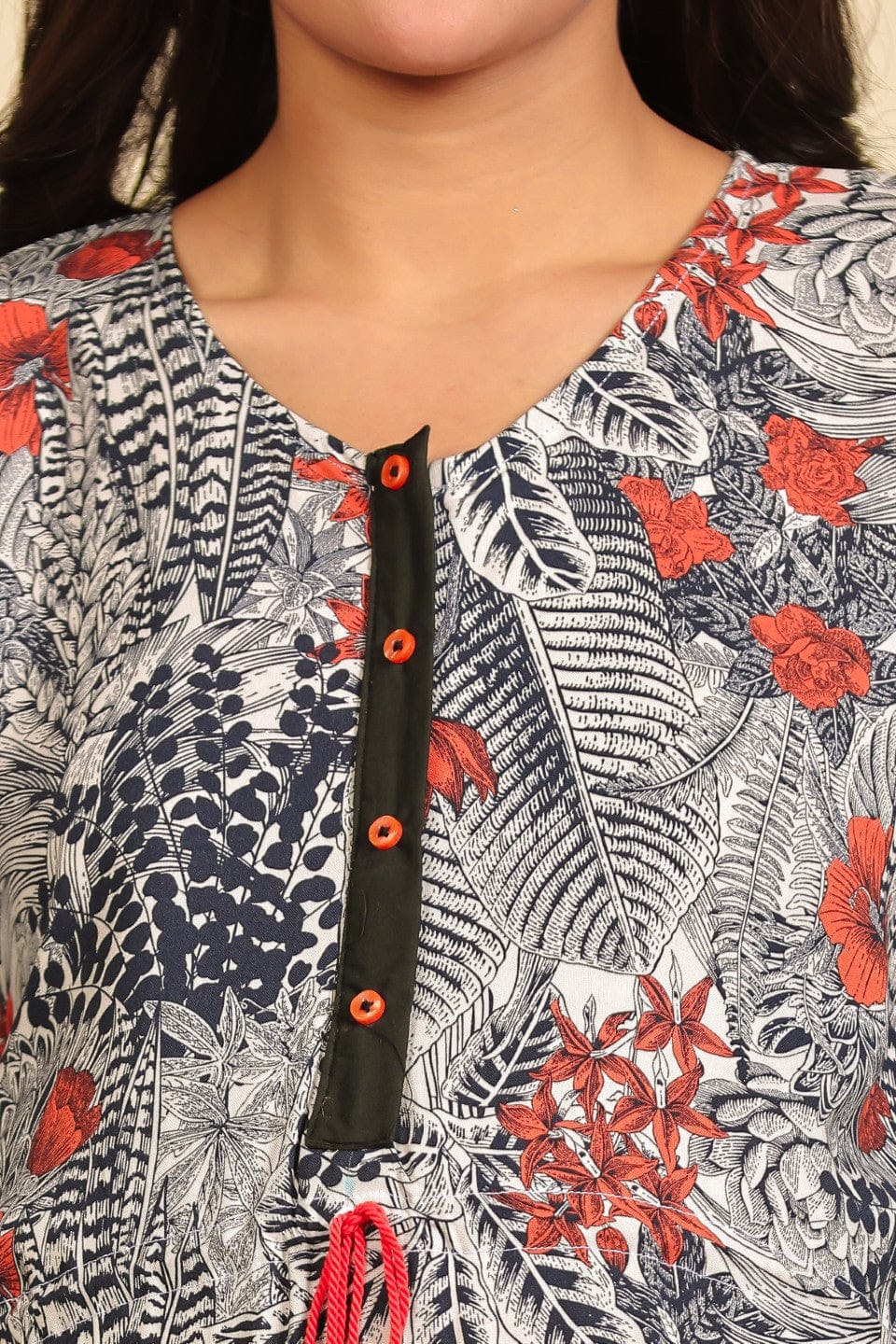 The Kaftan Company Kaftan Grey and Red Tropical Foliage Print Viscose Maternity Kaftan
