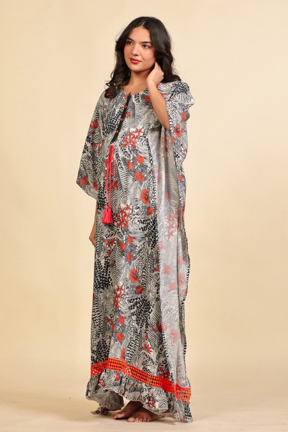 The Kaftan Company Kaftan Grey and Red Tropical Foliage Print Viscose Maternity Kaftan