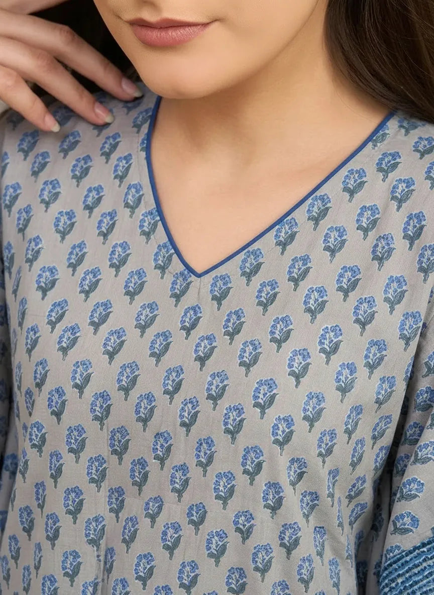 The Kaftan Company Kaftan Grey & Blue Butti Print Cotton Kaftan with Textured Indigo Border