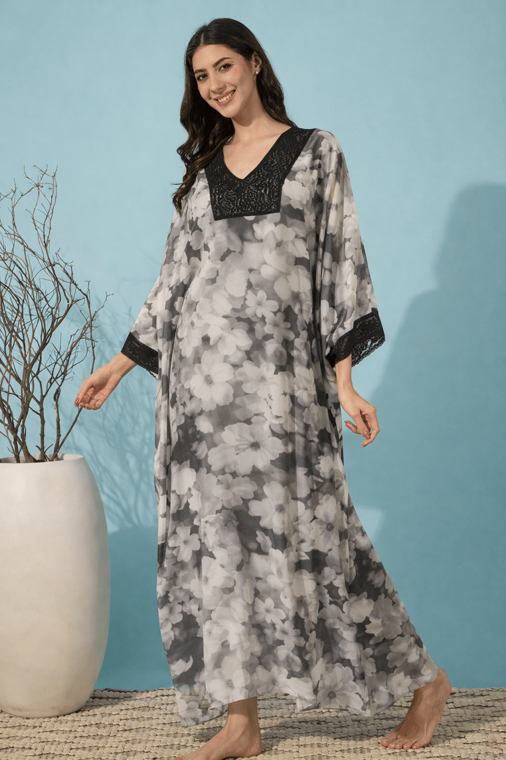 The Kaftan Company Kaftan Grey Floral Print Georgette Loungewear Kaftan with Lace Trim