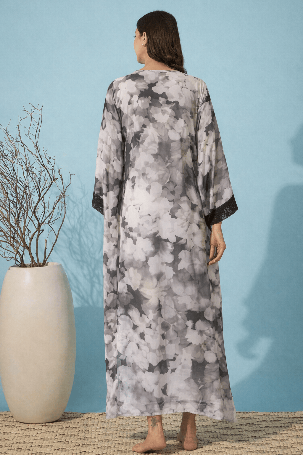 The Kaftan Company Kaftan Grey Floral Print Georgette Loungewear Kaftan with Lace Trim
