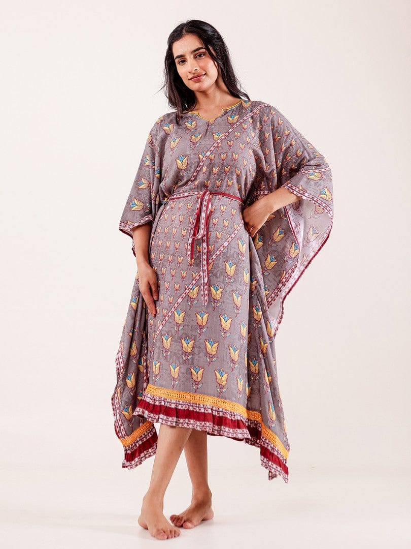 The Kaftan Company Kaftan Grey Floral Printed Modal Kaftan