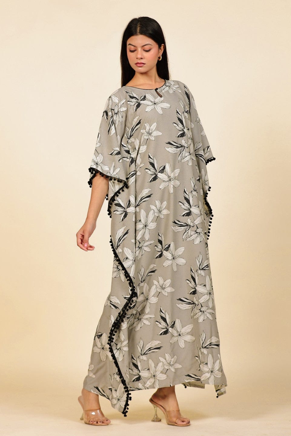 The Kaftan Company Kaftan Grey Floral Printed Viscose Rayon Kaftan with Pom-Pom Trim