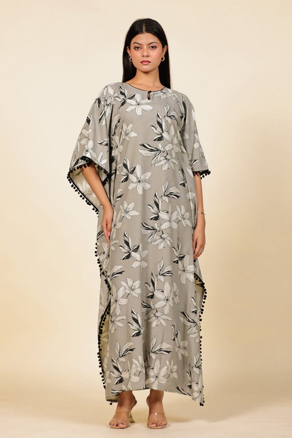 The Kaftan Company Kaftan Grey Floral Printed Viscose Rayon Kaftan with Pom-Pom Trim