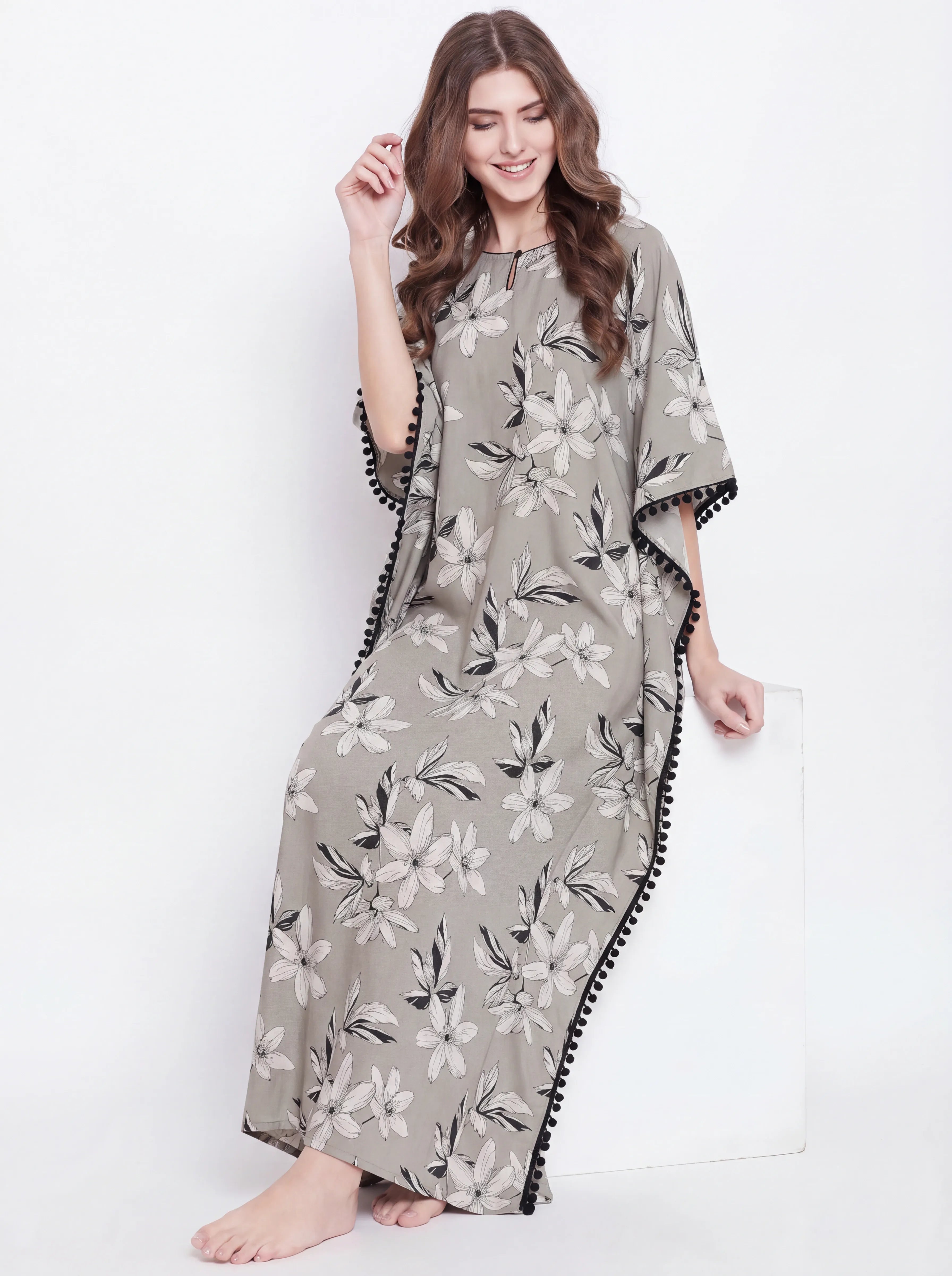 The Kaftan Company Kaftan Grey Floral Printed Viscose Rayon Kaftan with Pom-Pom Trim