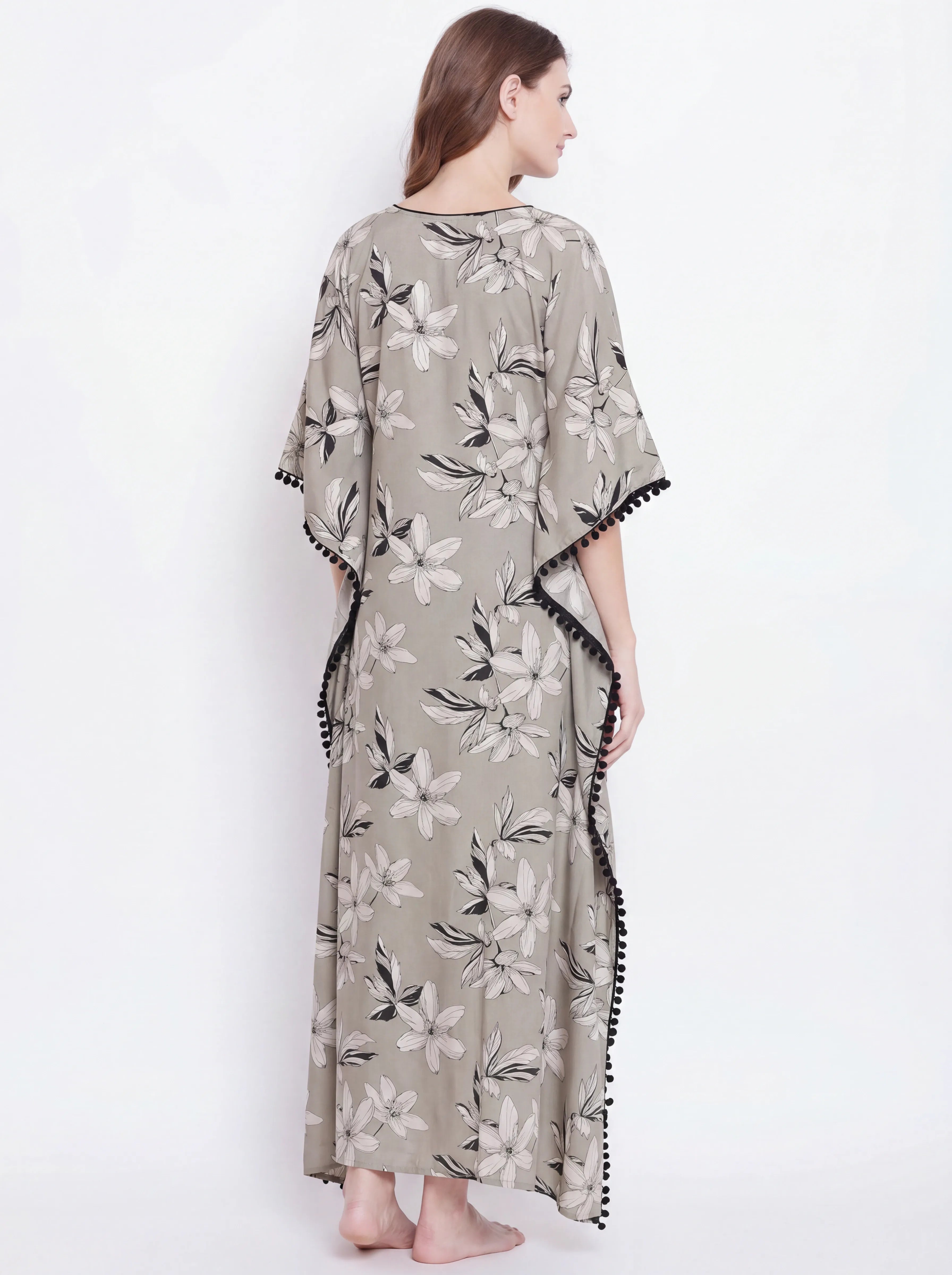 The Kaftan Company Kaftan Grey Floral Printed Viscose Rayon Kaftan with Pom-Pom Trim