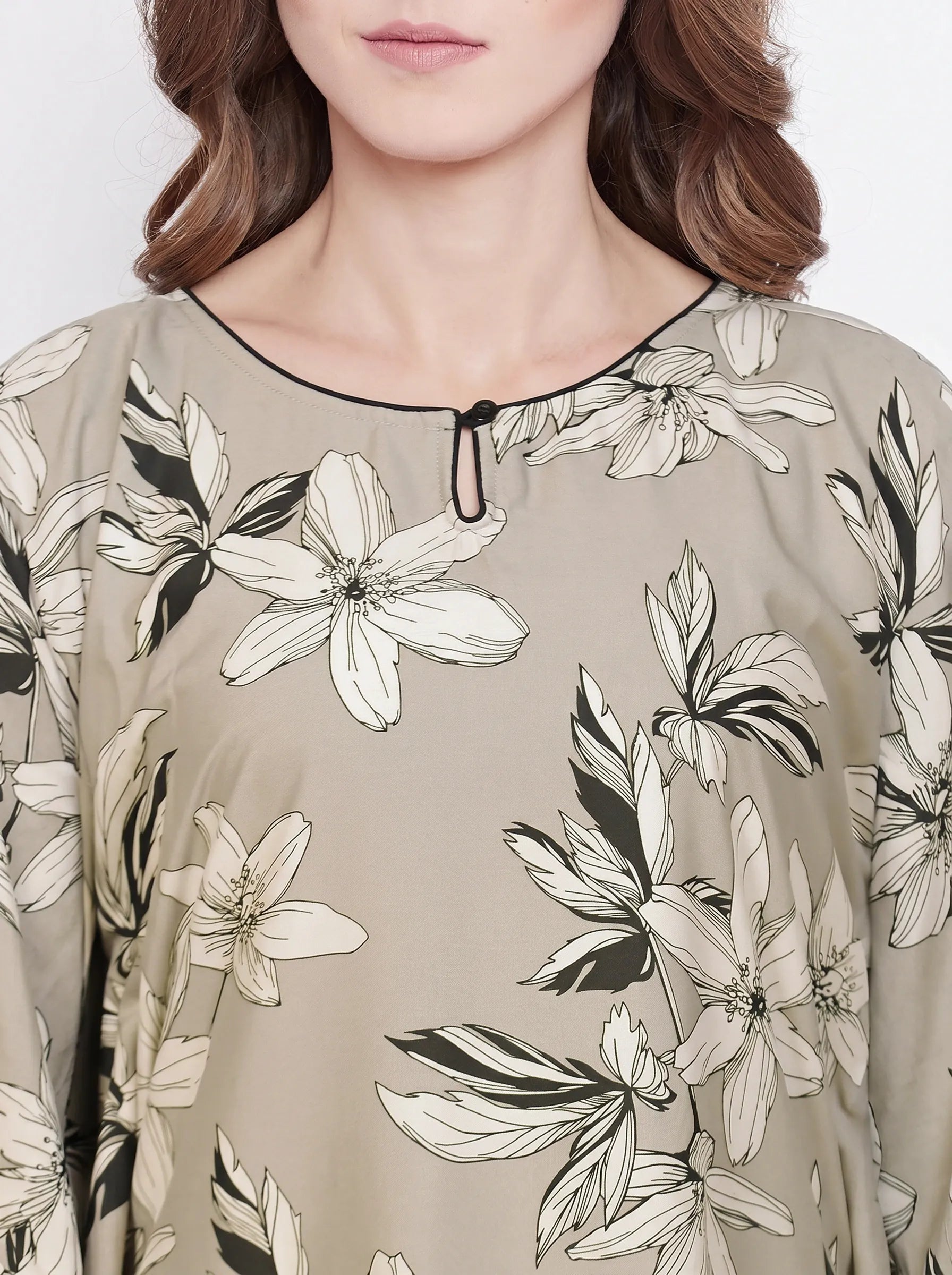 The Kaftan Company Kaftan Grey Floral Printed Viscose Rayon Kaftan with Pom-Pom Trim