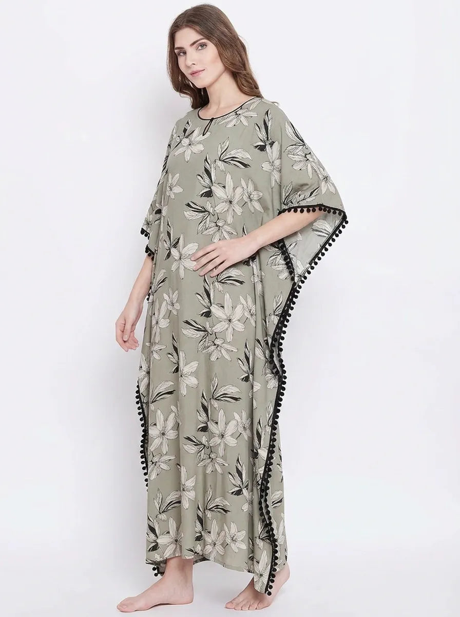 The Kaftan Company Kaftan Grey Floral Printed Viscose Rayon Kaftan with Pom-Pom Trim