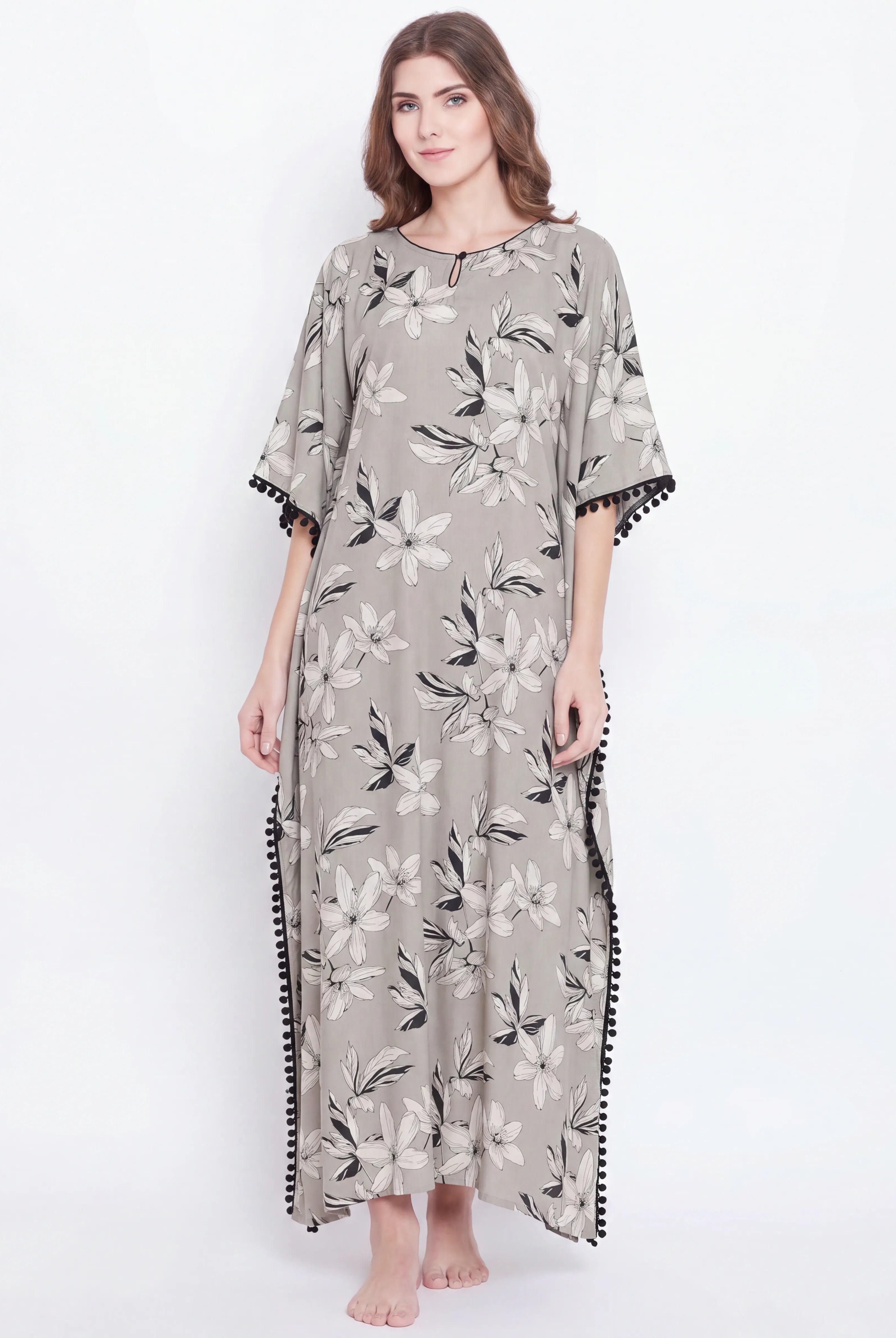 The Kaftan Company Kaftan Grey Floral Printed Viscose Rayon Kaftan with Pom-Pom Trim