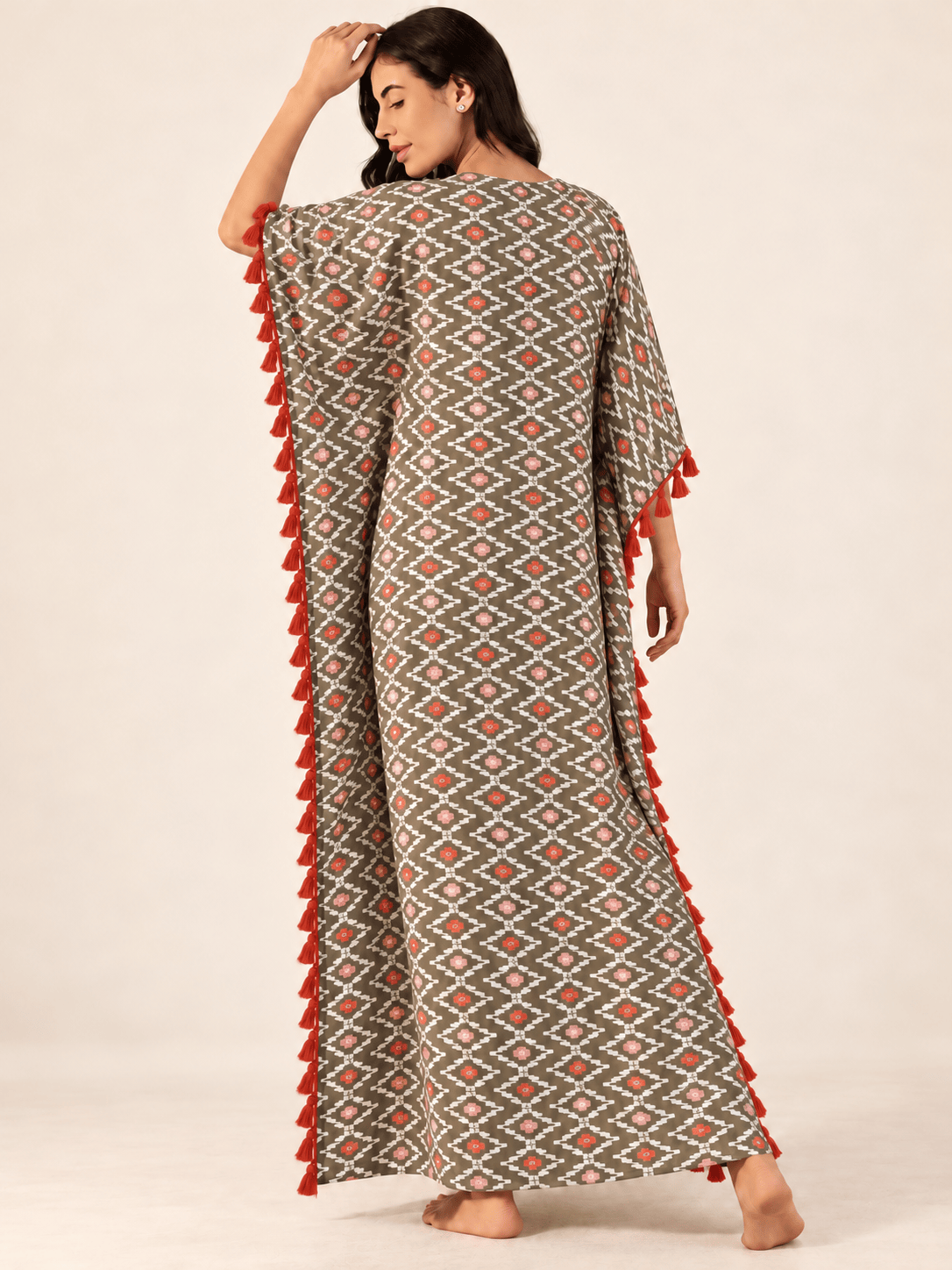The Kaftan Company Kaftan Grey Geometric Print Cotton Kaftan with Red Tassel Trim
