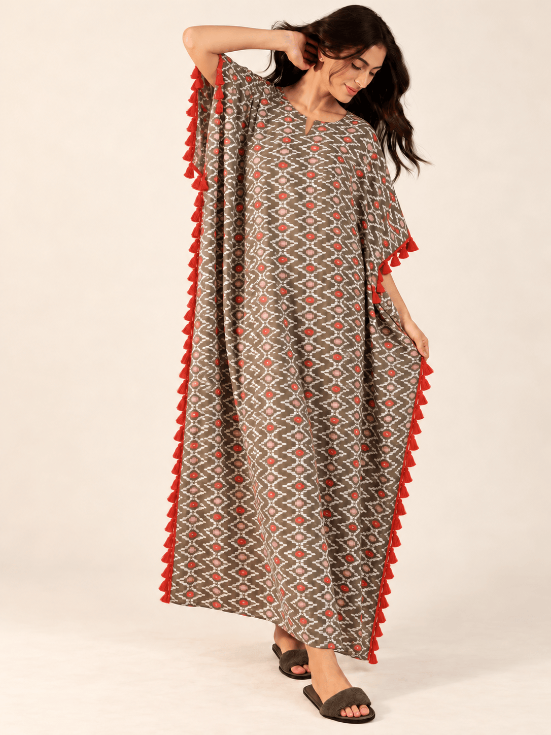 The Kaftan Company Kaftan Grey Geometric Print Cotton Kaftan with Red Tassel Trim