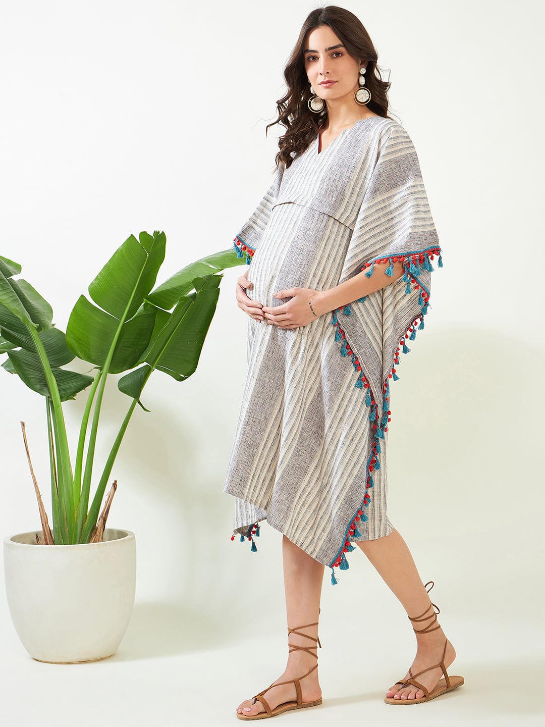 The Kaftan Company Kaftan Grey Monotonous Striped Maternity Kaftan