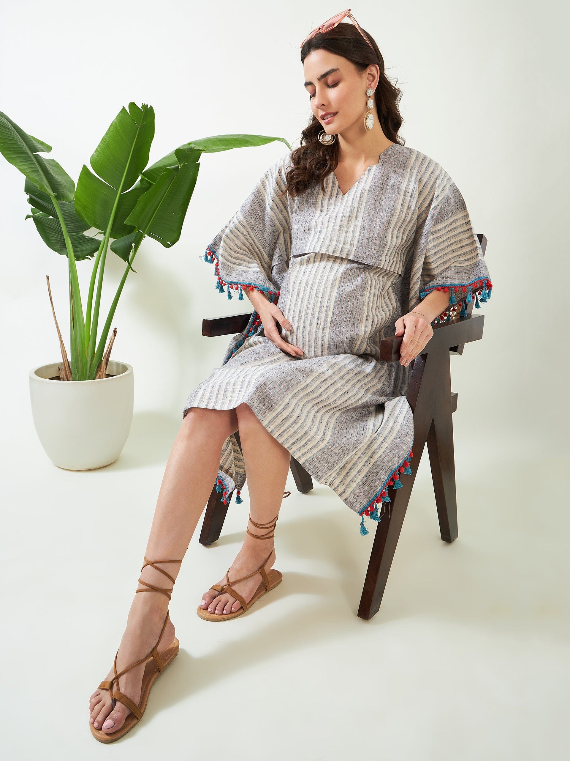The Kaftan Company Kaftan Grey Monotonous Striped Maternity Kaftan
