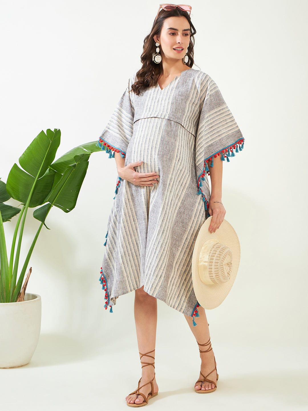 The Kaftan Company Kaftan Grey Monotonous Striped Maternity Kaftan
