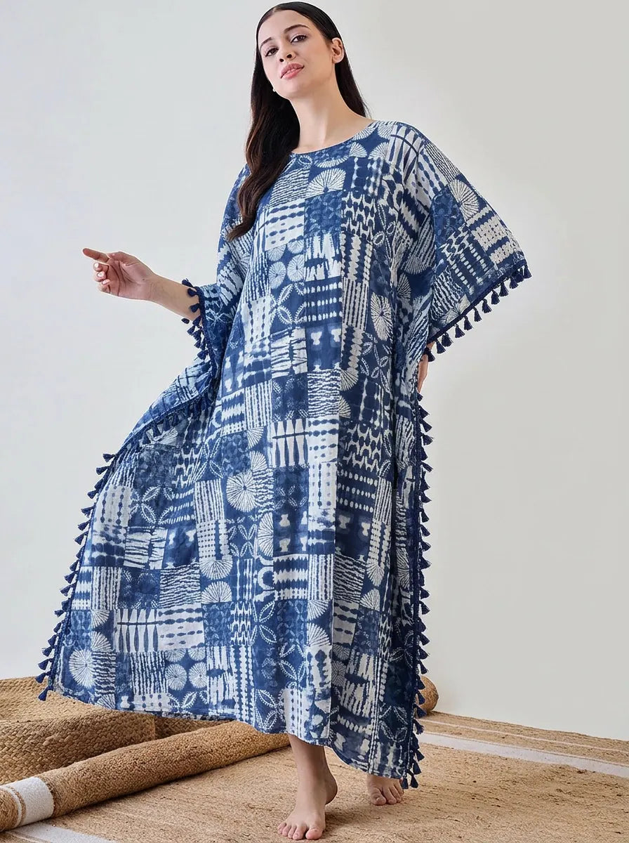 The Kaftan Company Kaftan Indigo Patchwork Print Viscose Kaftan with Tassel Trim