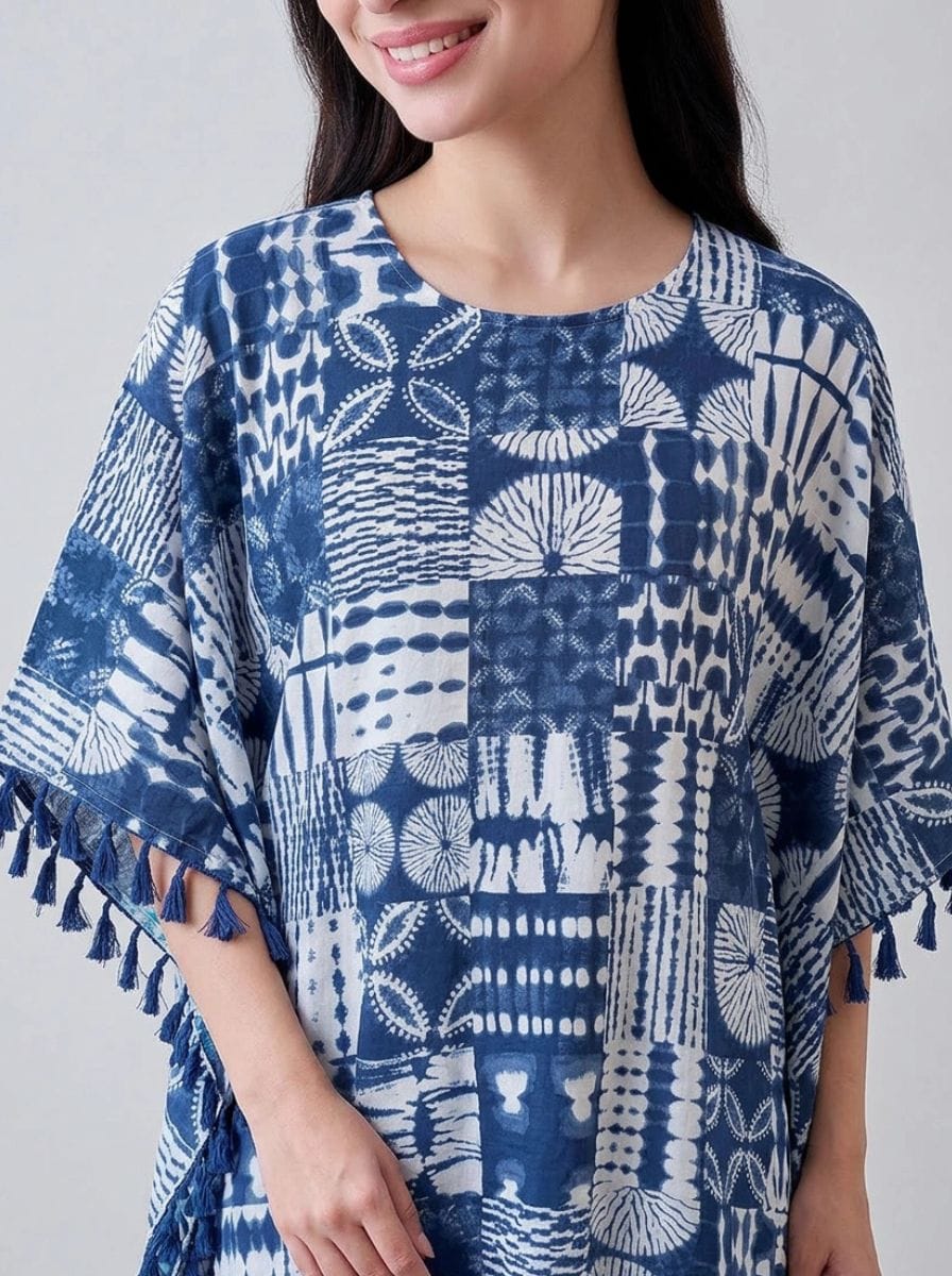 The Kaftan Company Kaftan Indigo Patchwork Print Viscose Kaftan with Tassel Trim