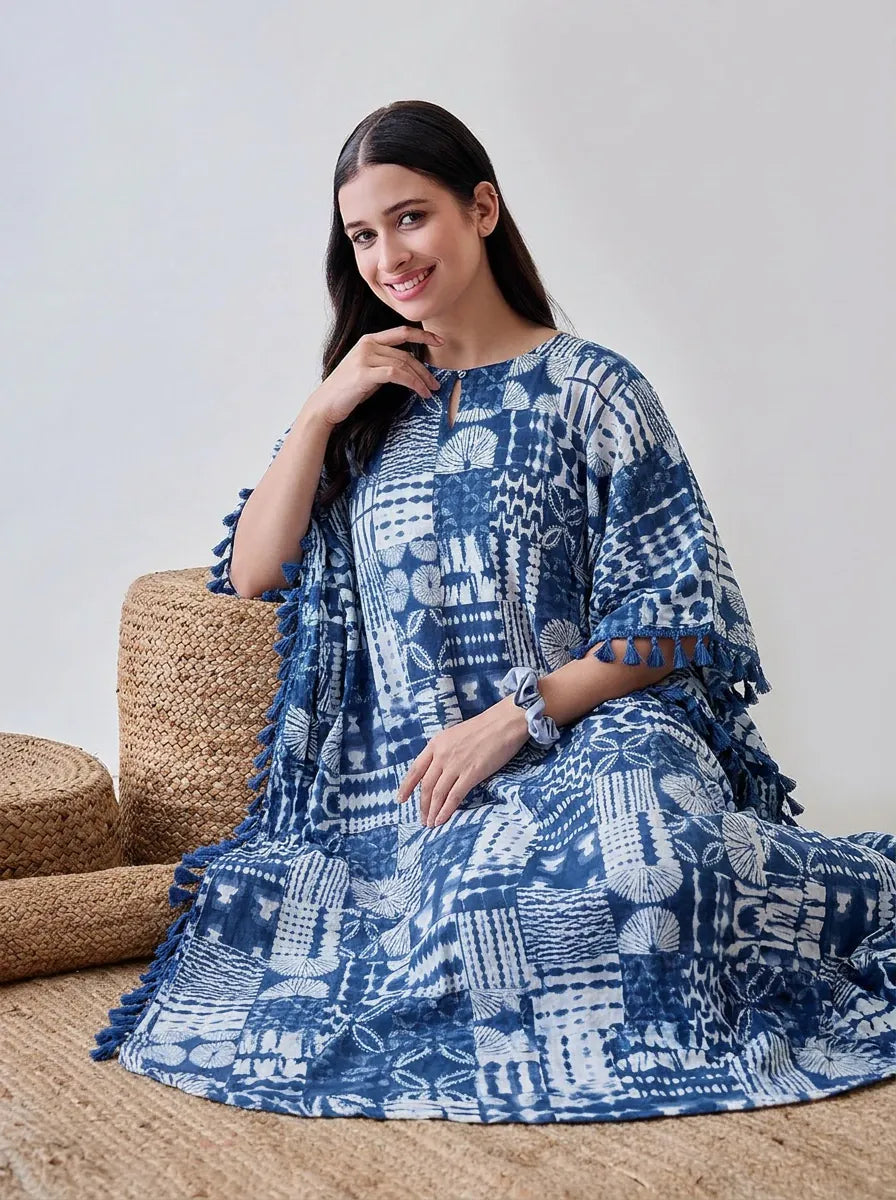 The Kaftan Company Kaftan Indigo Patchwork Print Viscose Kaftan with Tassel Trim