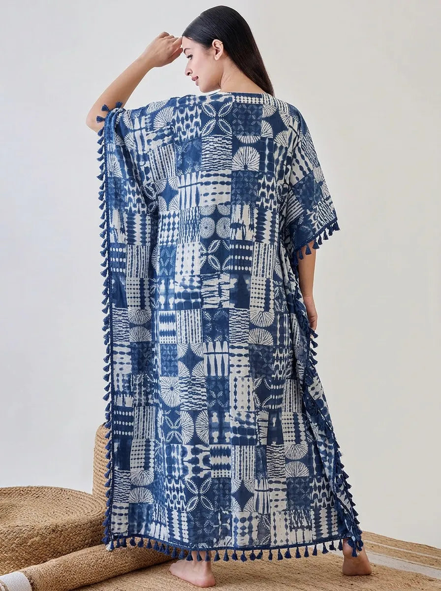 The Kaftan Company Kaftan Indigo Patchwork Print Viscose Kaftan with Tassel Trim