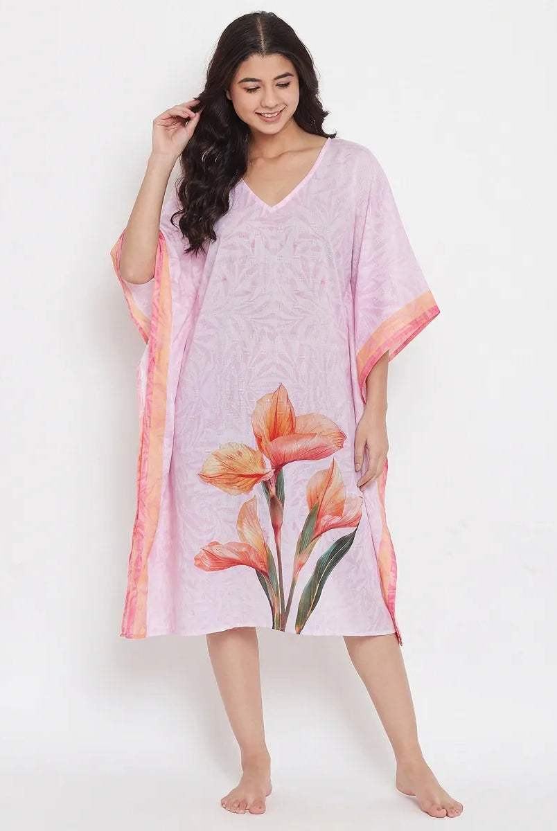 The Kaftan Company Kaftan Lilac Floral Print Short Kaftan with Statement Iris Motif