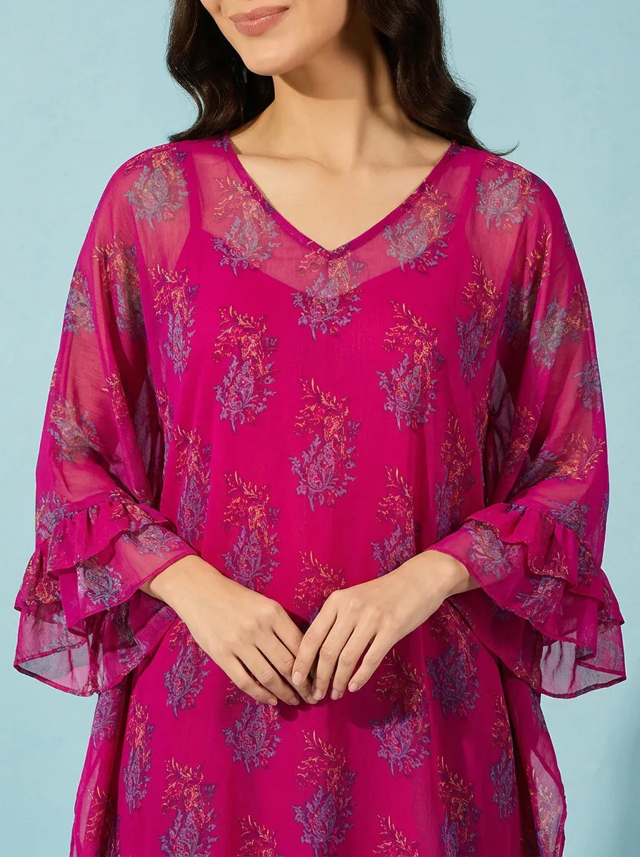 The Kaftan Company Kaftan Magenta Floral Print Georgette Kaftan with Ruffle Sleeves