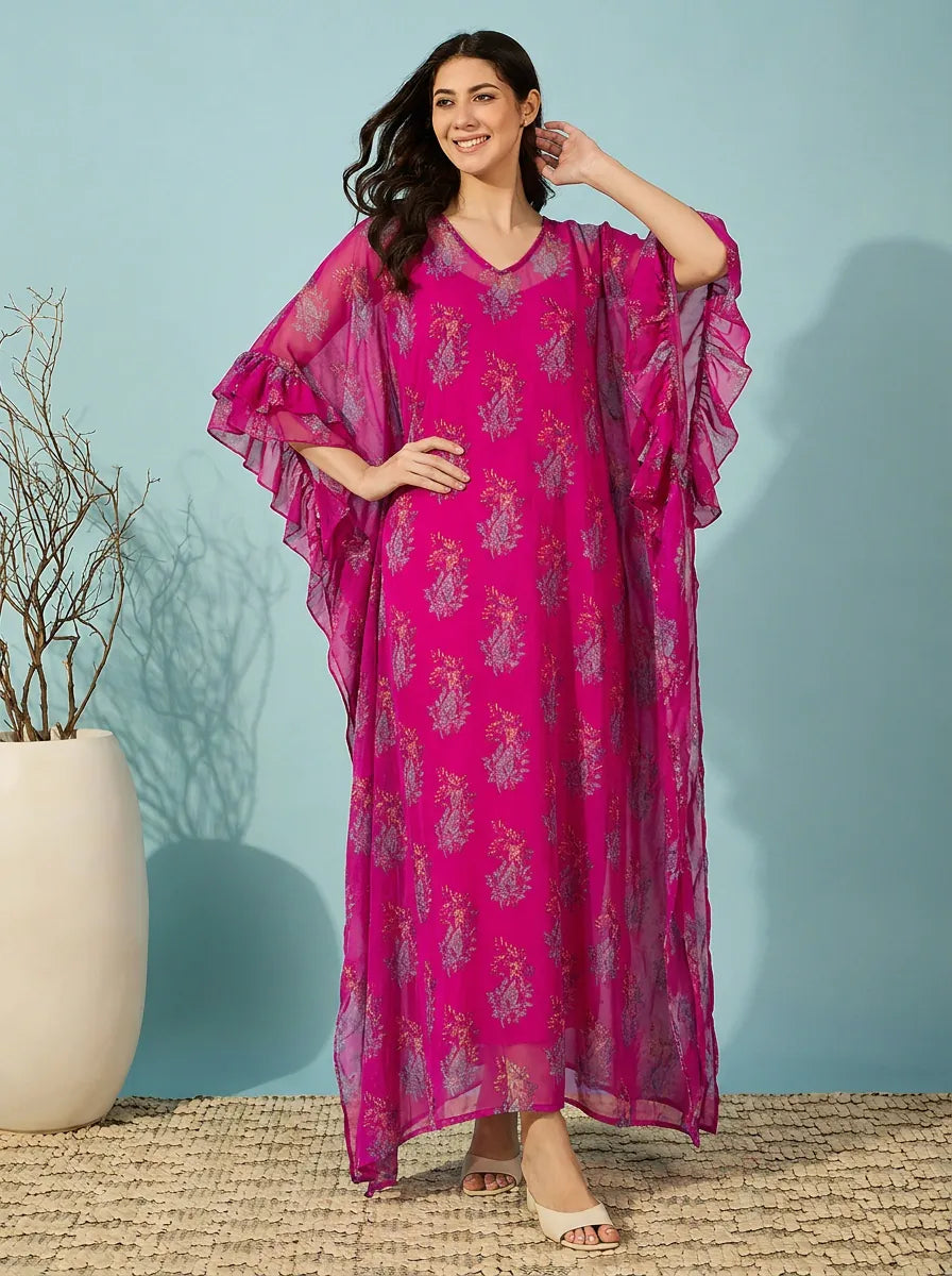 The Kaftan Company Kaftan Magenta Floral Print Georgette Kaftan with Ruffle Sleeves