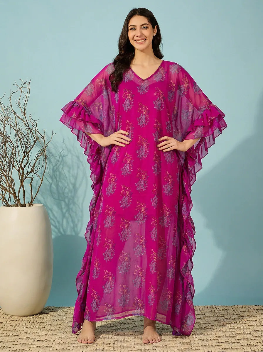 The Kaftan Company Kaftan Magenta Floral Print Georgette Kaftan with Ruffle Sleeves