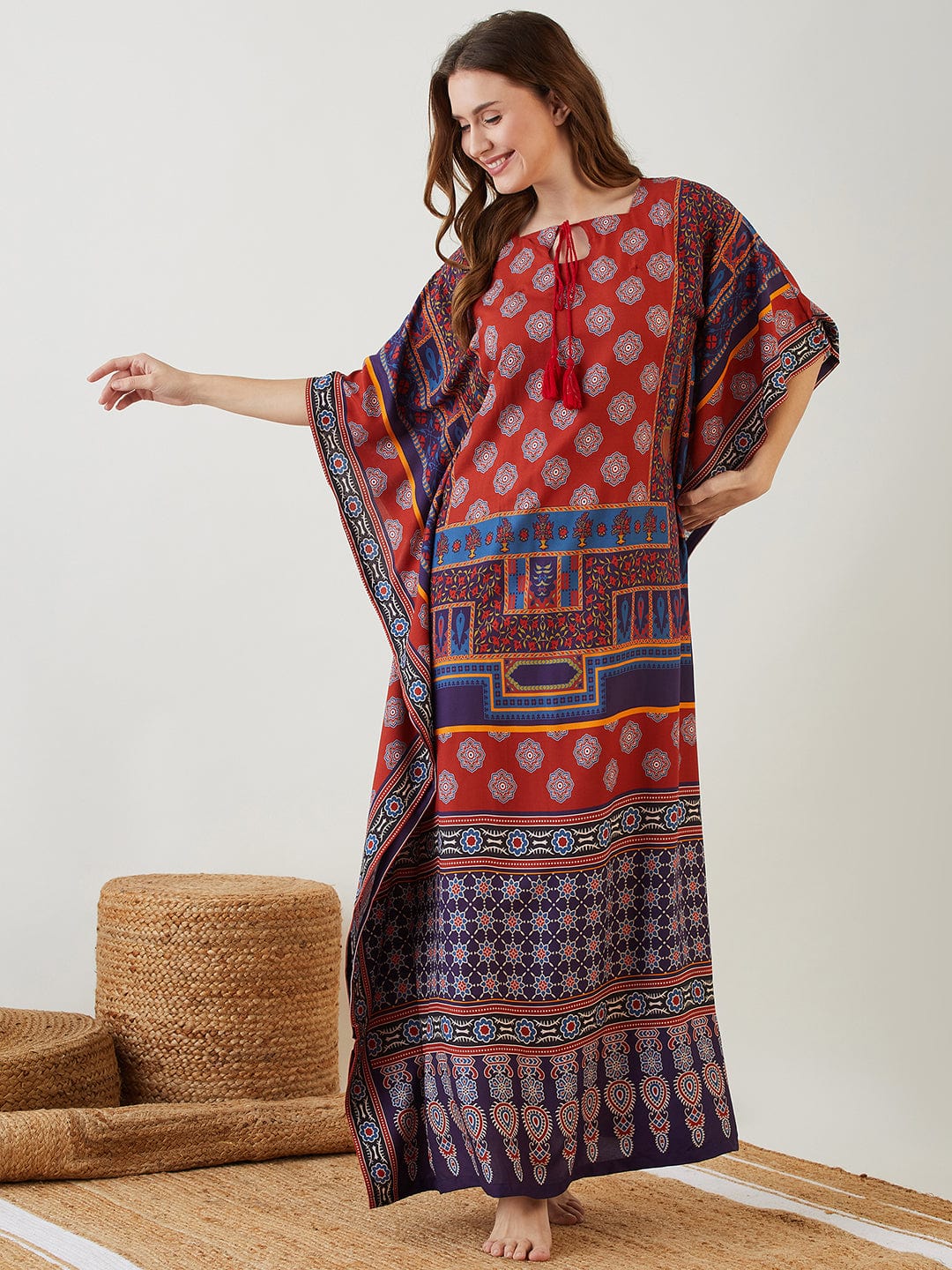 The Kaftan Company Kaftan Maroon Digitised Ajrakh Kaftan