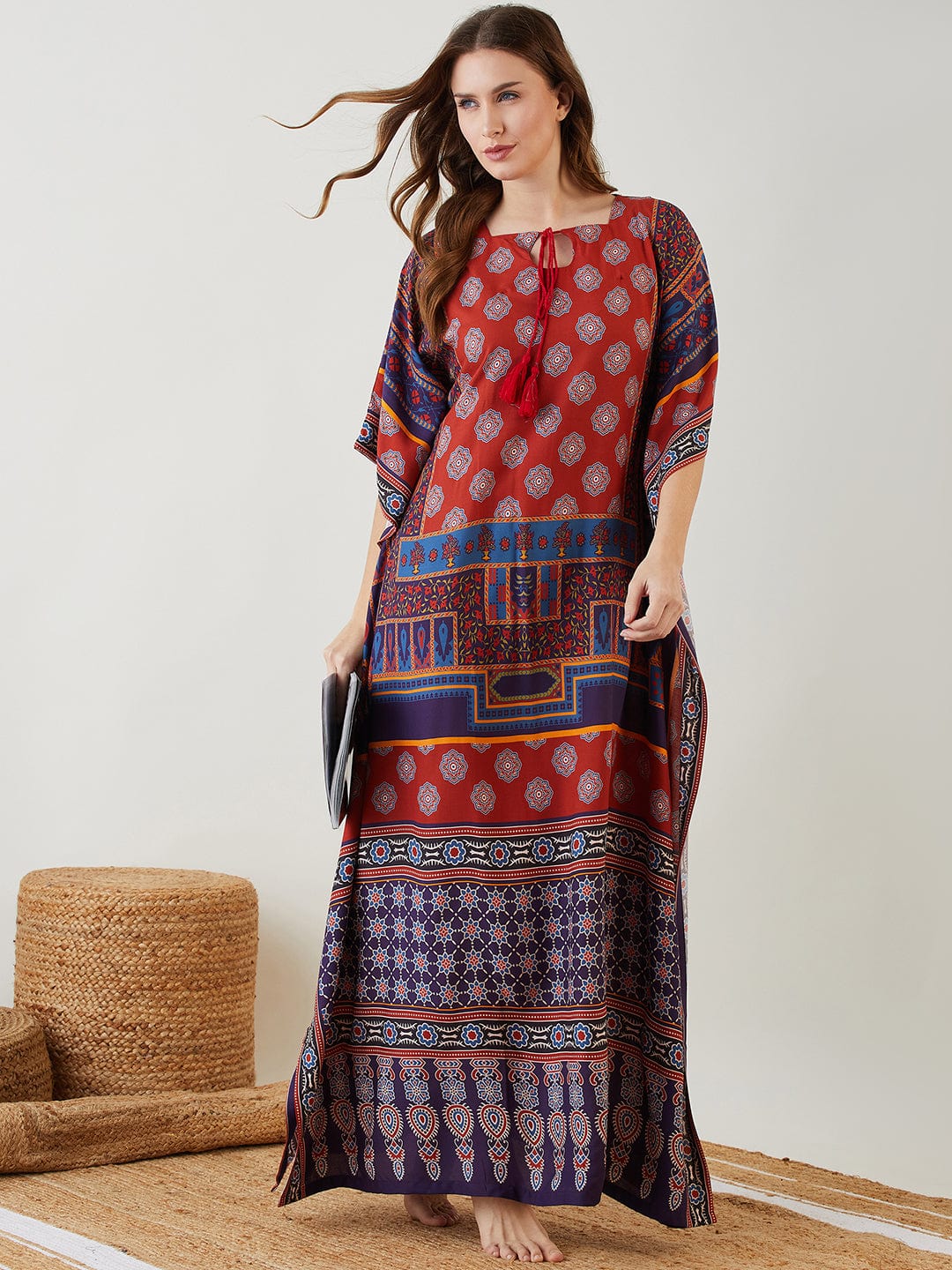 The Kaftan Company Kaftan Maroon Digitised Ajrakh Kaftan