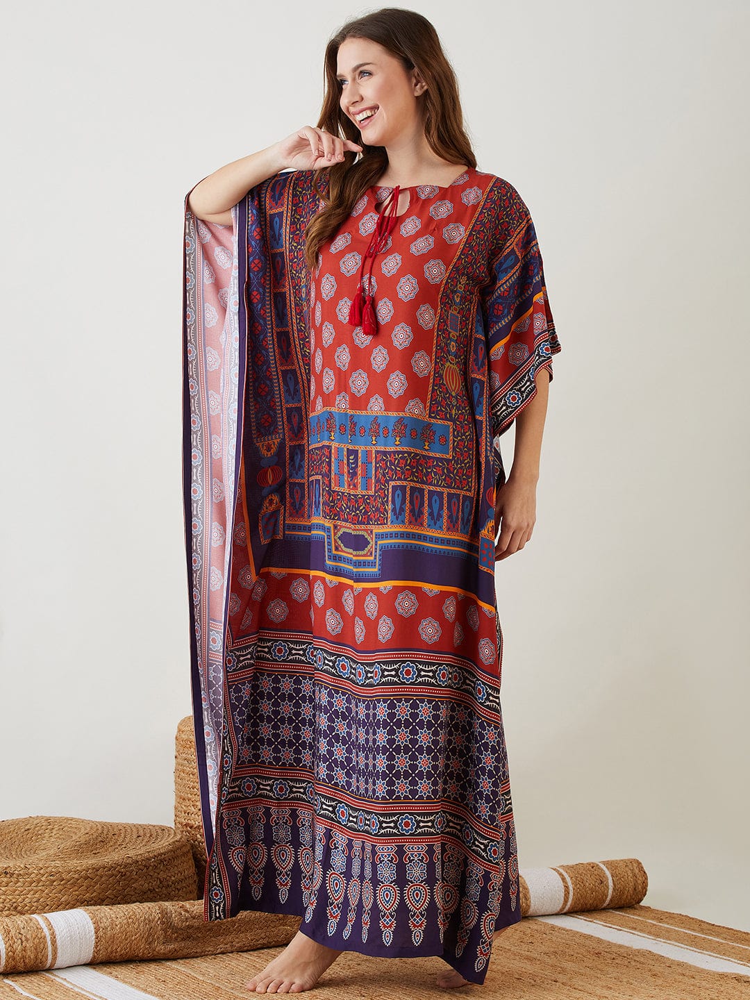 The Kaftan Company Kaftan Maroon Digitised Ajrakh Kaftan