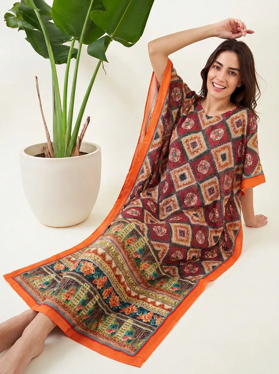 The Kaftan Company Kaftan Maroon Mosaic Print Kaftan with Pockets