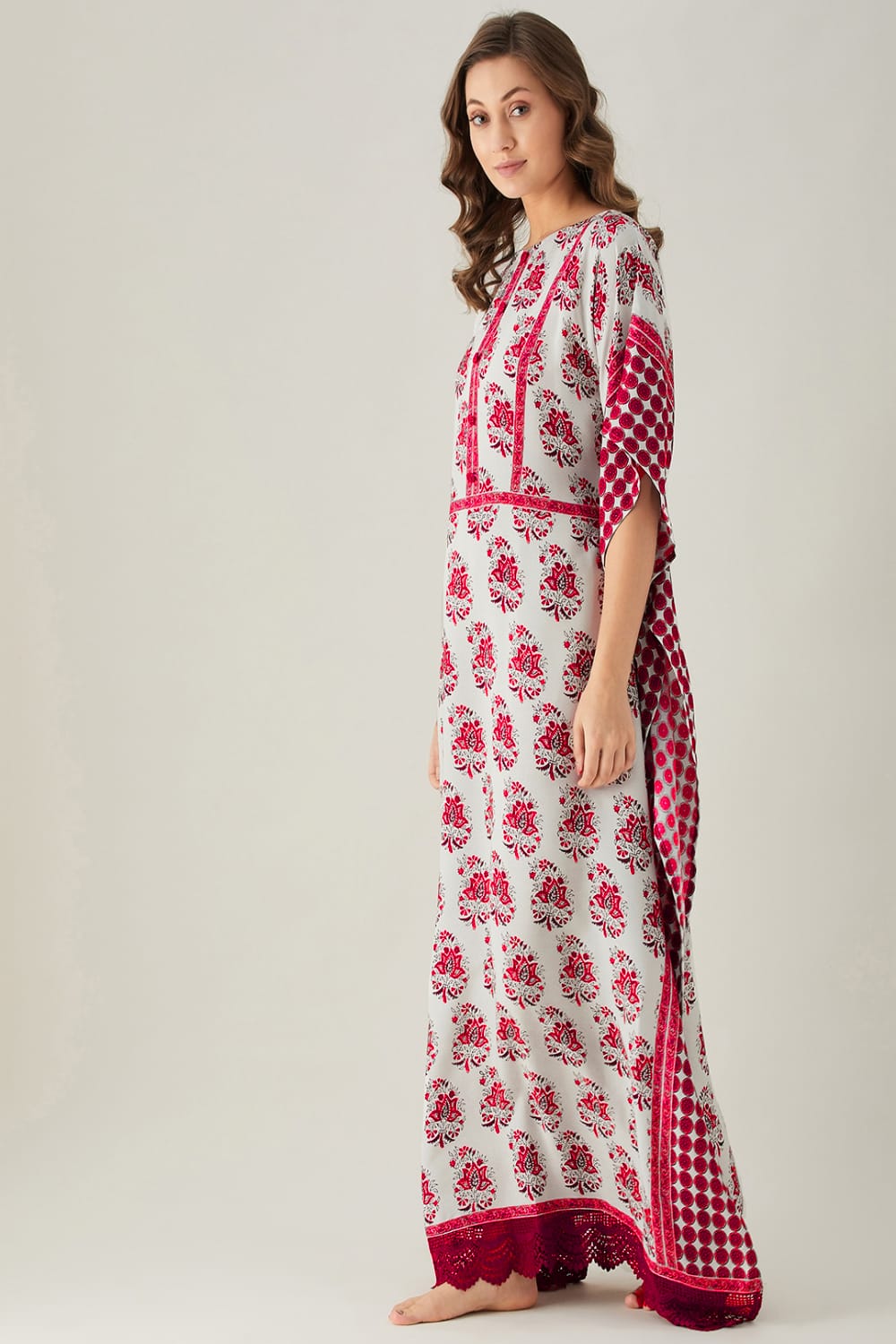 The Kaftan Company Kaftan Maroon Mystic Block Maxi Kaftan with Lace Hem