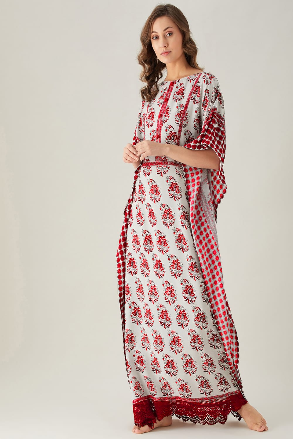 The Kaftan Company Kaftan Maroon Mystic Block Maxi Kaftan with Lace Hem