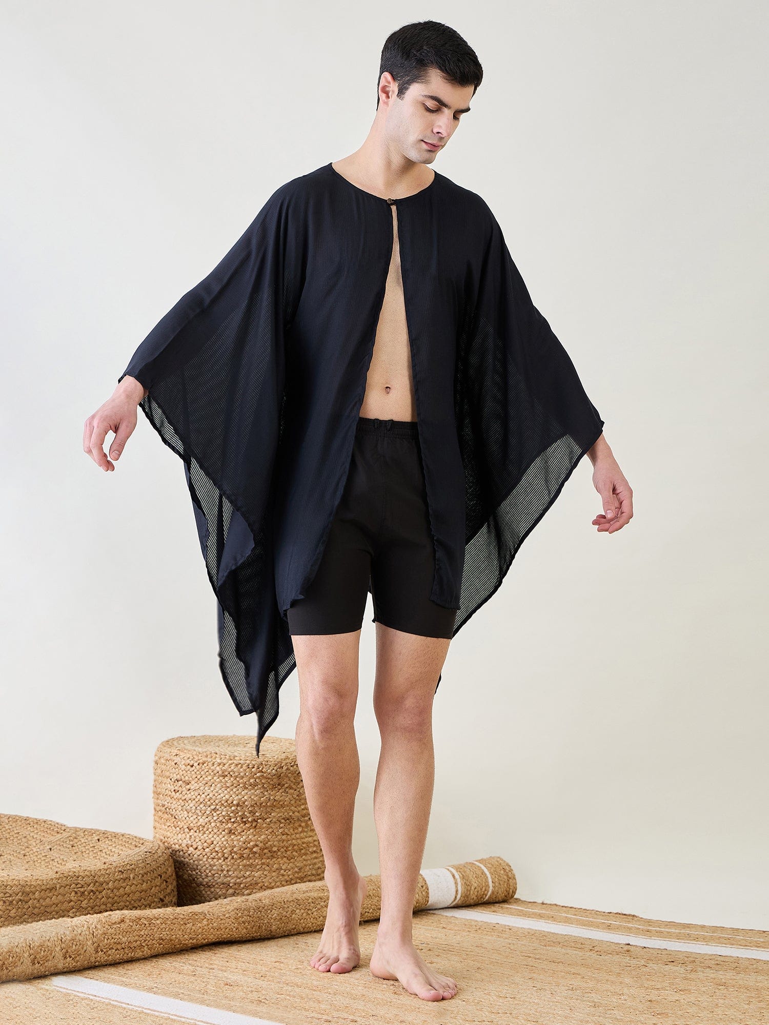 The Kaftan Company Kaftan Mens Black Poncho Swimwear Cover-Up