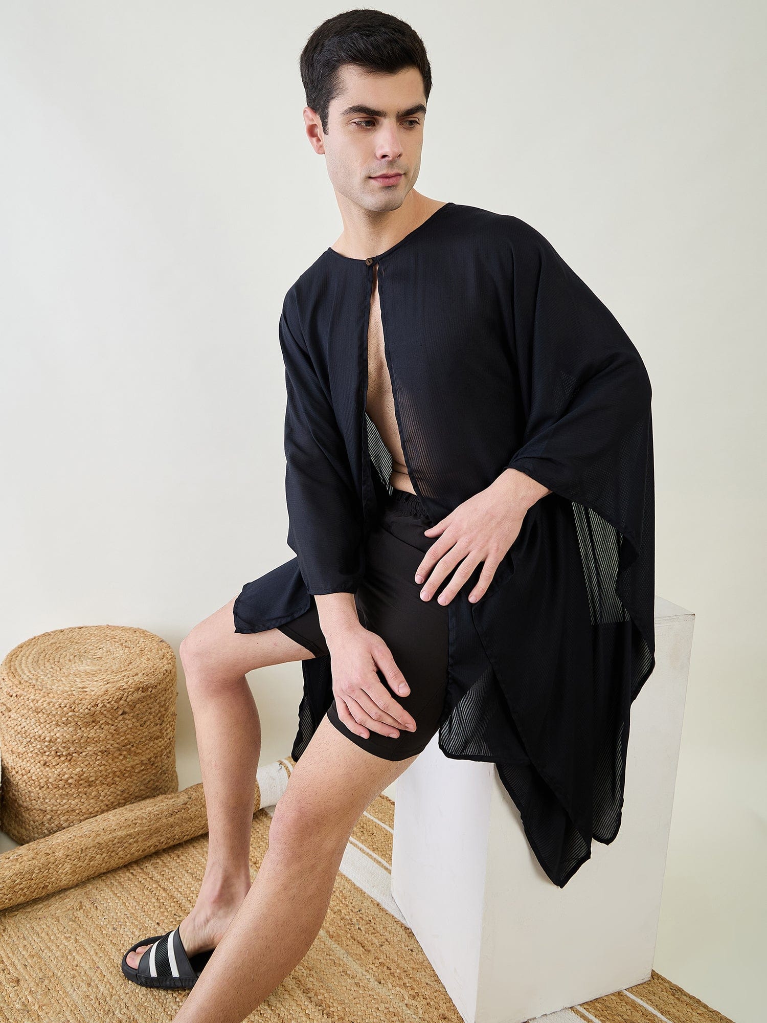 The Kaftan Company Kaftan Mens Black Poncho Swimwear Cover-Up