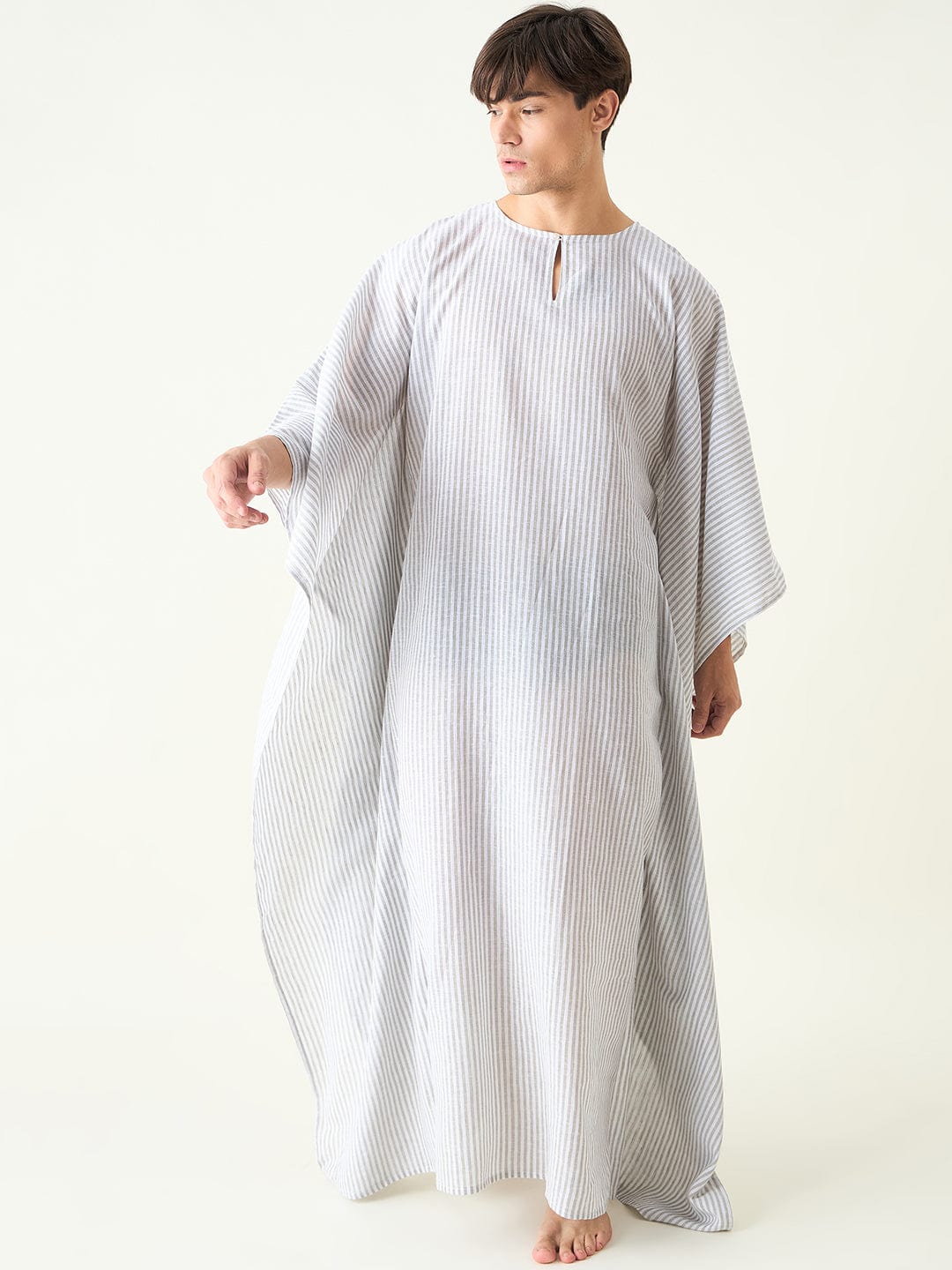 The Kaftan Company Kaftan Mens White Striped Loungewear Kaftan Gown