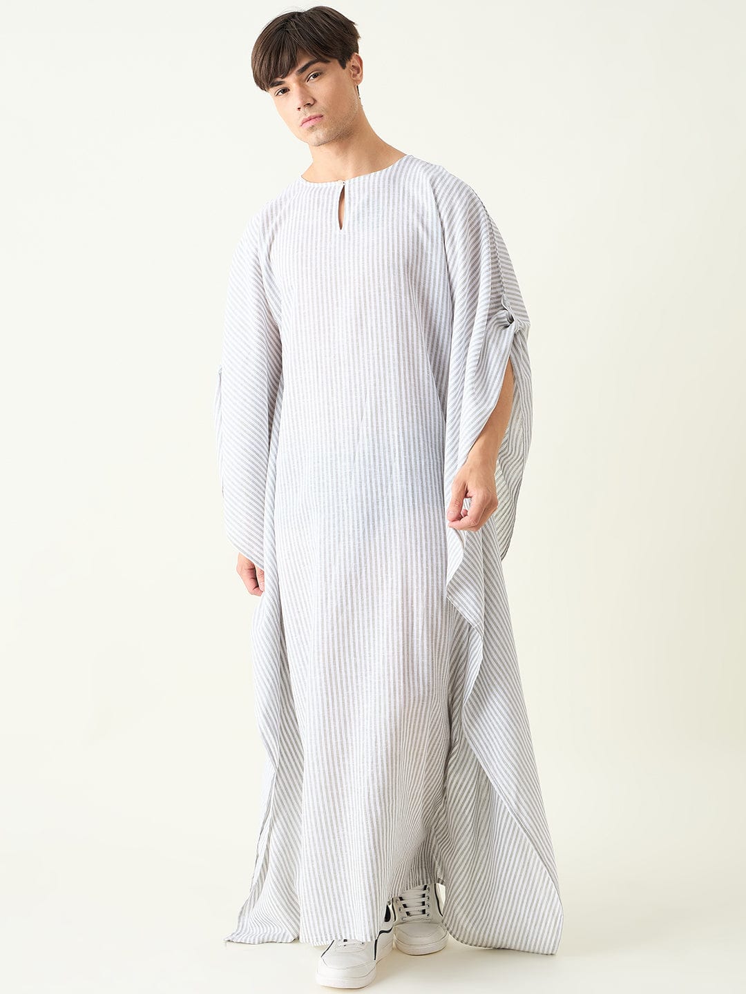 The Kaftan Company Kaftan Mens White Striped Loungewear Kaftan Gown