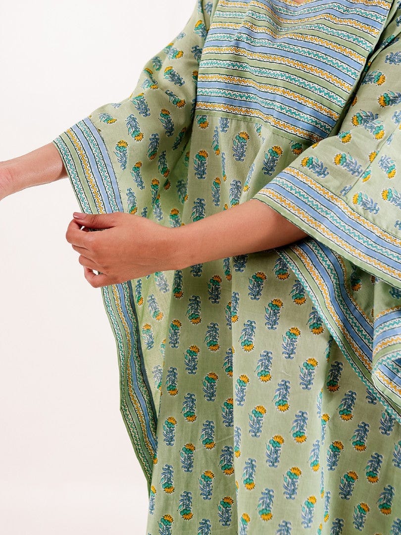 The Kaftan Company Kaftan Mint Green Ethnic Buta Printed Cotton Loungewear Kaftan with Border Detail