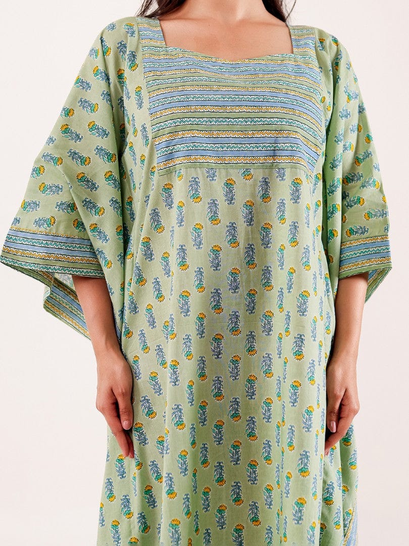 The Kaftan Company Kaftan Mint Green Ethnic Buta Printed Cotton Loungewear Kaftan with Border Detail