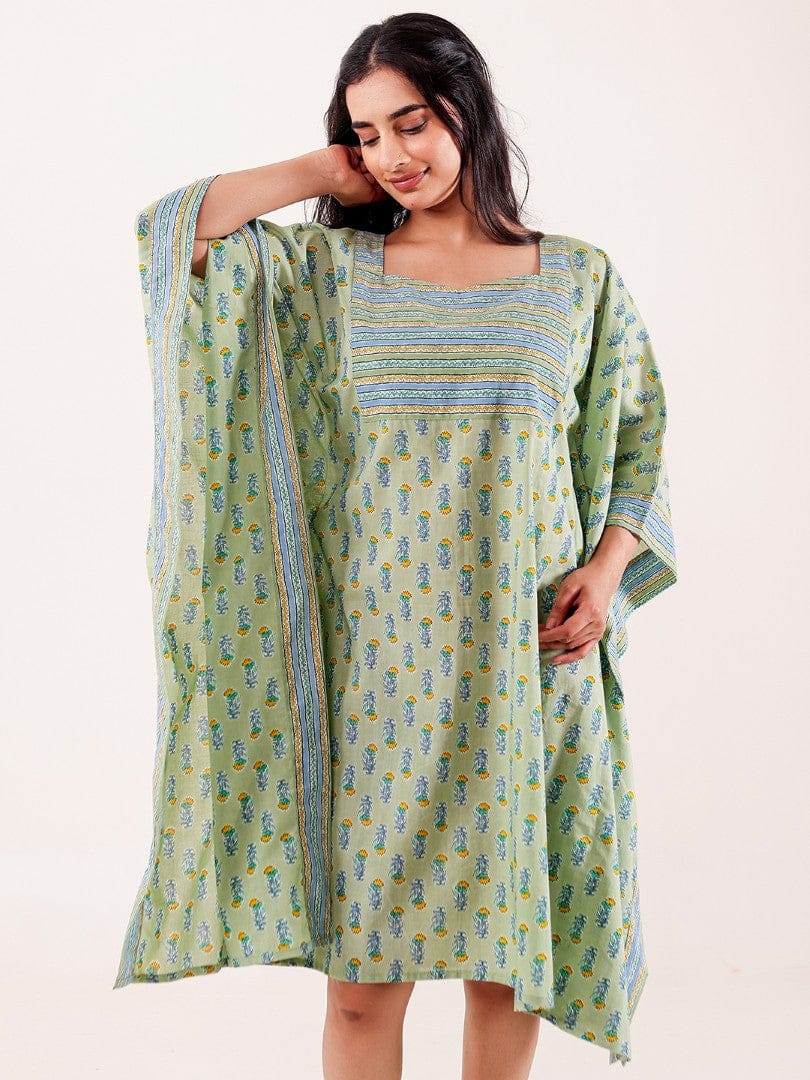 The Kaftan Company Kaftan Mint Green Ethnic Buta Printed Cotton Loungewear Kaftan with Border Detail