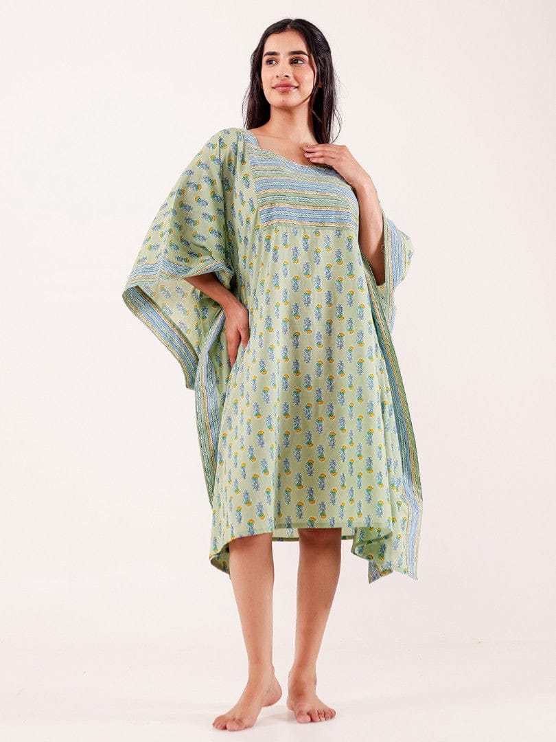 The Kaftan Company Kaftan Mint Green Ethnic Buta Printed Cotton Loungewear Kaftan with Border Detail