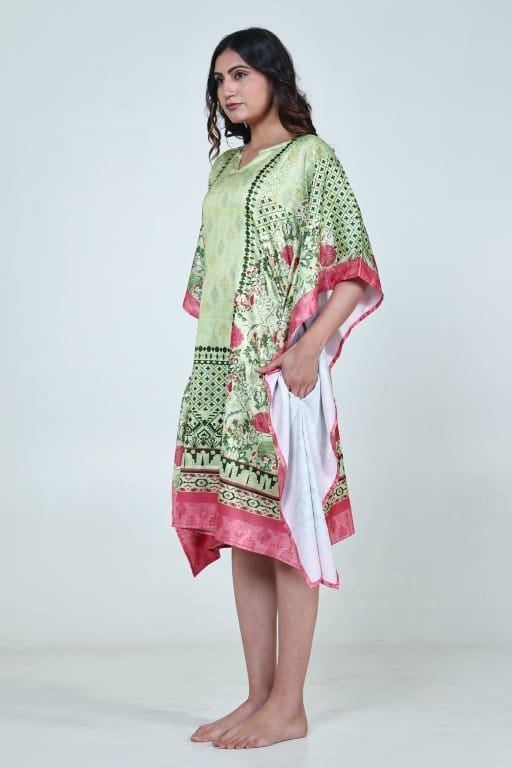 The Kaftan Company Kaftan Mint Green Floral Printed Satin Kaftan with Pockets