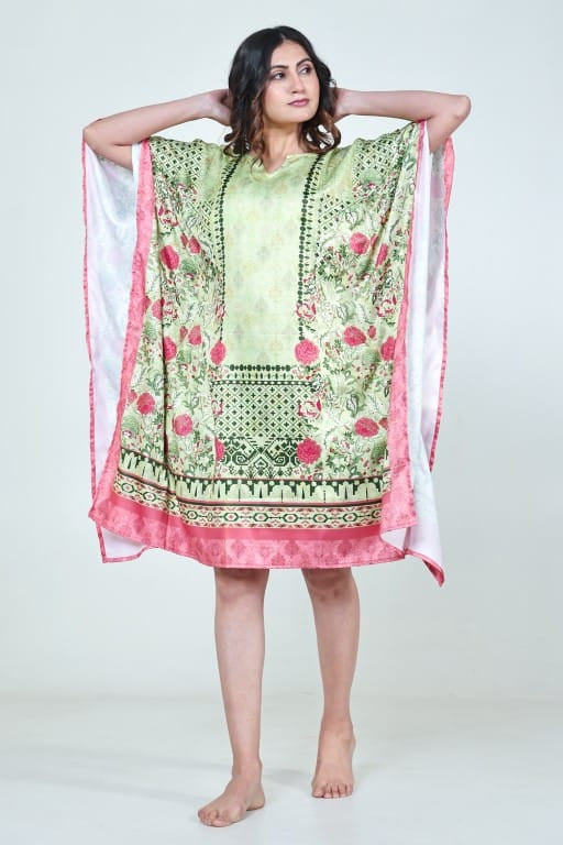 The Kaftan Company Kaftan Mint Green Floral Printed Satin Kaftan with Pockets