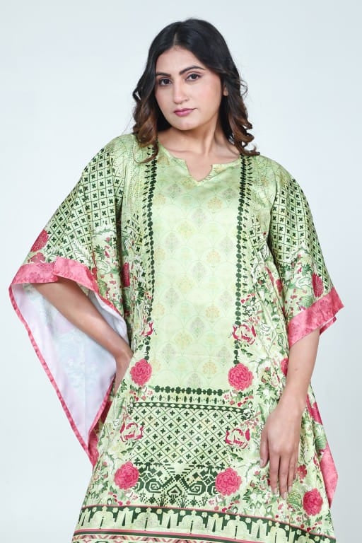 The Kaftan Company Kaftan Mint Green Floral Printed Satin Kaftan with Pockets