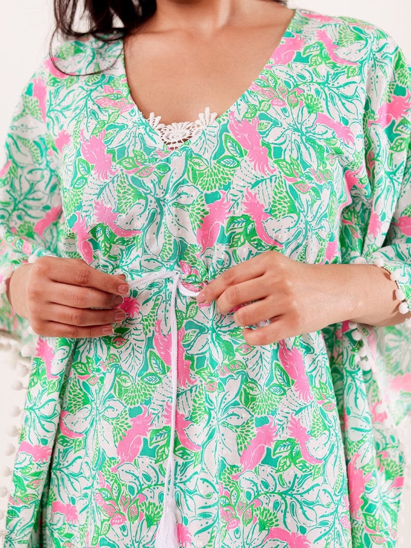 The Kaftan Company Kaftan Mint Green & Pink Floral Printed Cotton Kaftan