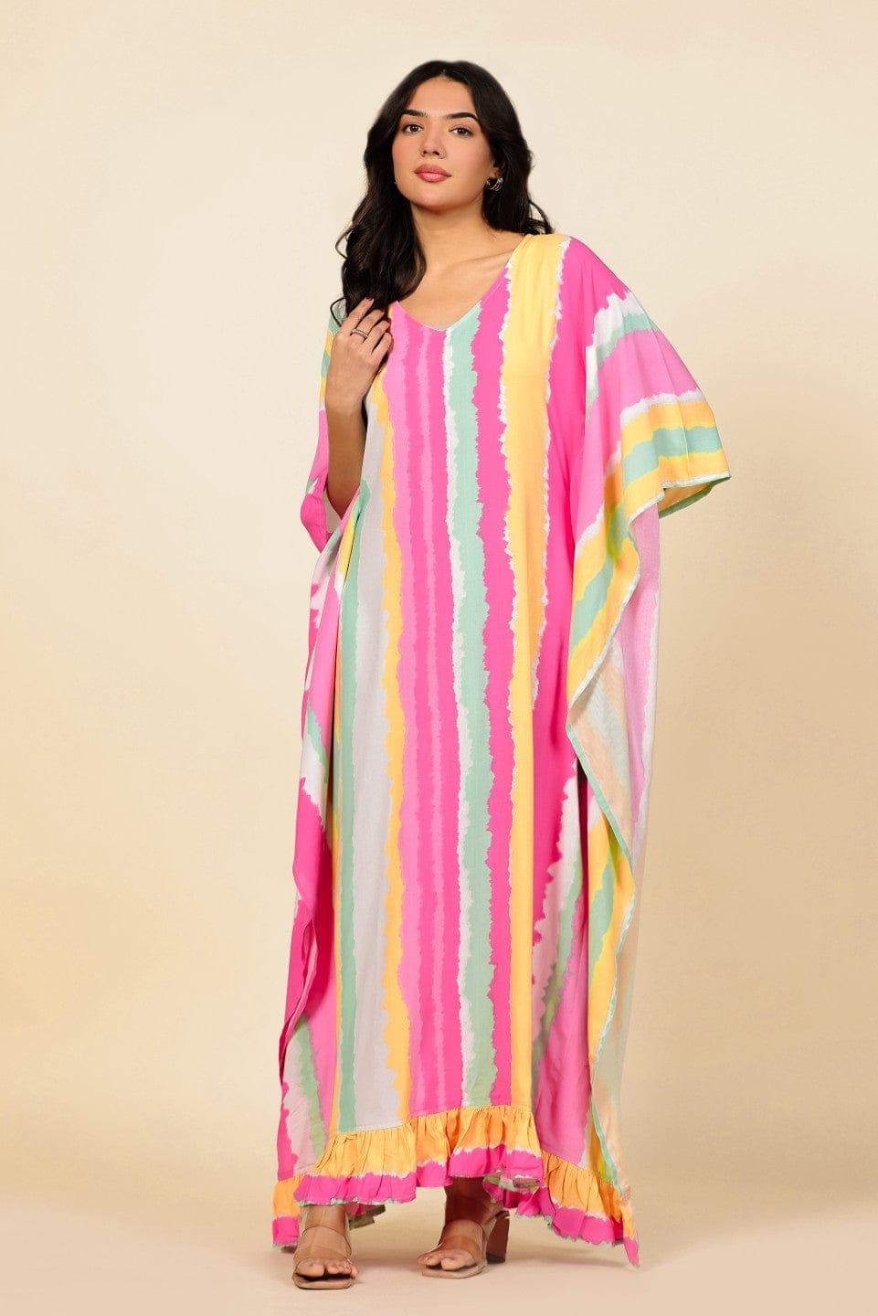 The Kaftan Company Kaftan Multi-Color Vertical Striped Kaftan Nightdress with Ruffled Hem