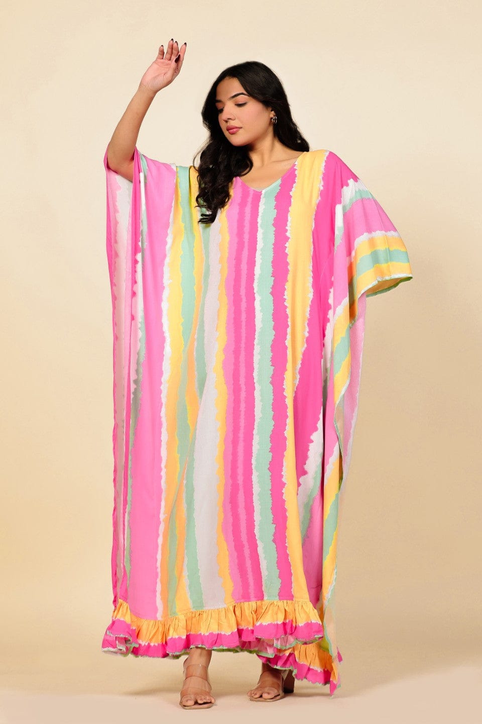 The Kaftan Company Kaftan Multi-Color Vertical Striped Kaftan Nightdress with Ruffled Hem
