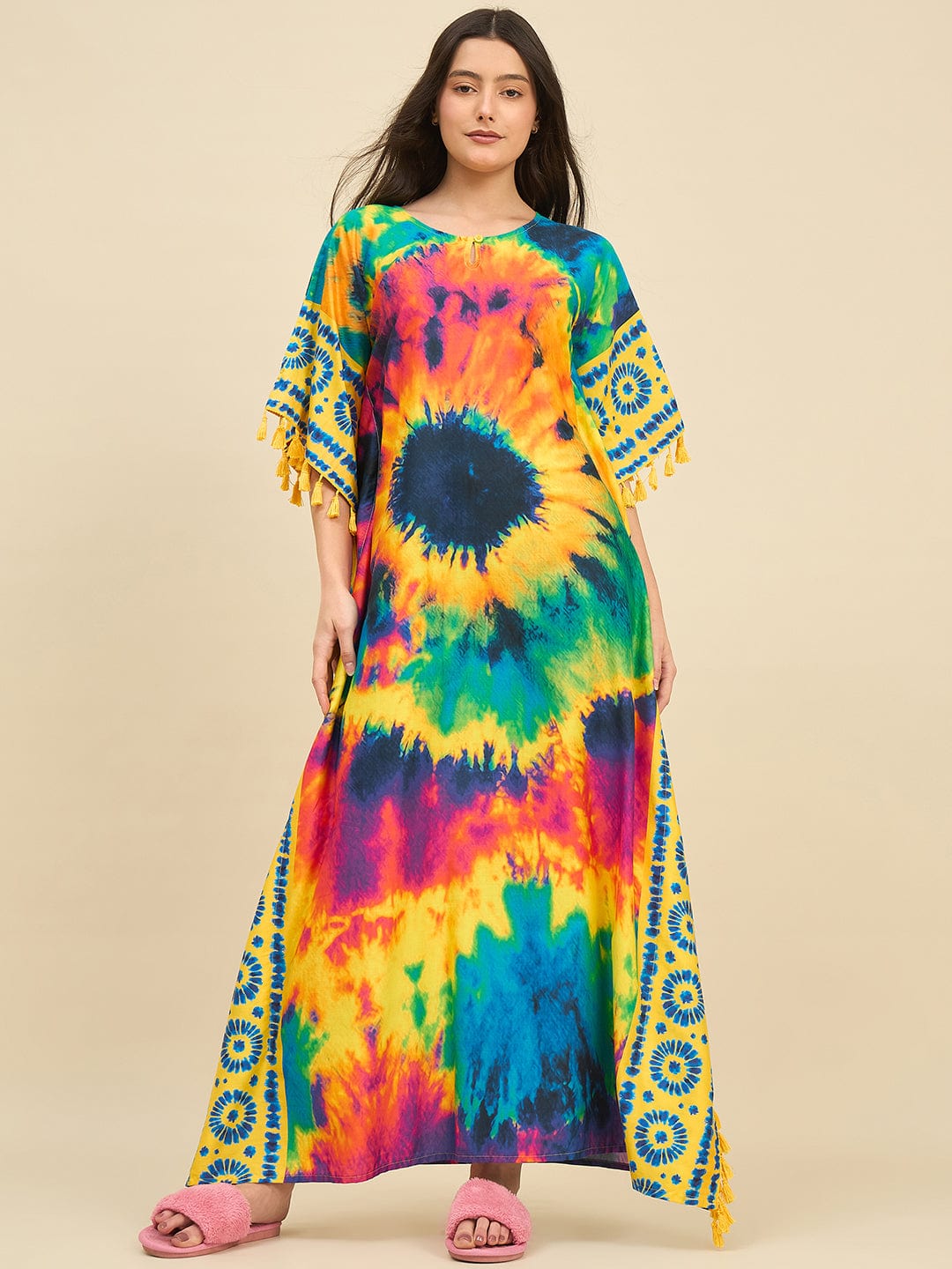 The Kaftan Company Kaftan Multicolor Burst Tie-Dye Printed Cotton Kaftan with Yellow Tassel Edges