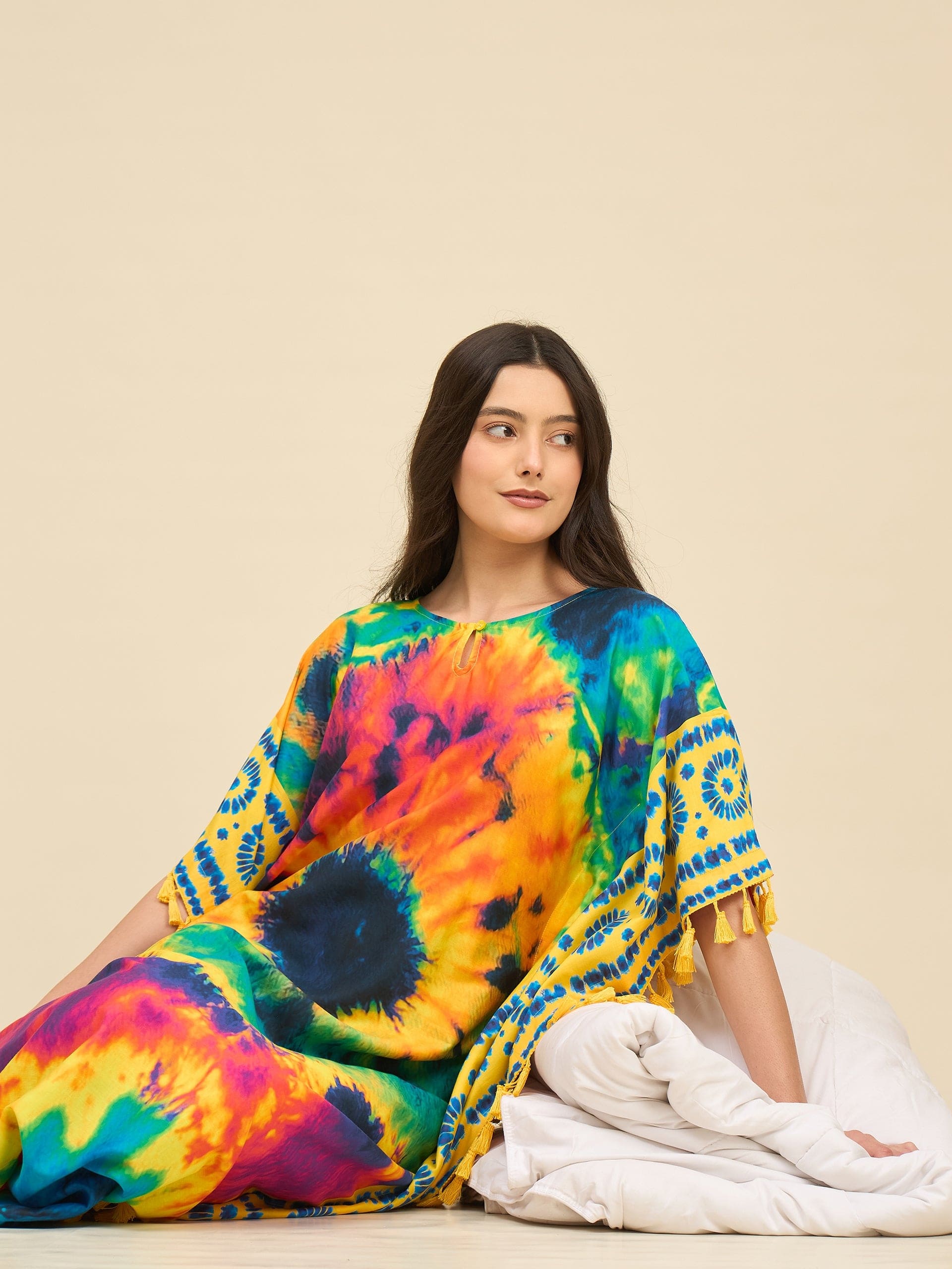 The Kaftan Company Kaftan Multicolor Burst Tie-Dye Printed Cotton Kaftan with Yellow Tassel Edges