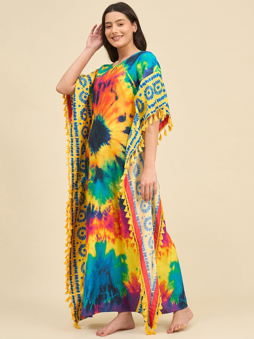 The Kaftan Company Kaftan Multicolor Burst Tie-Dye Printed Cotton Kaftan with Yellow Tassel Edges