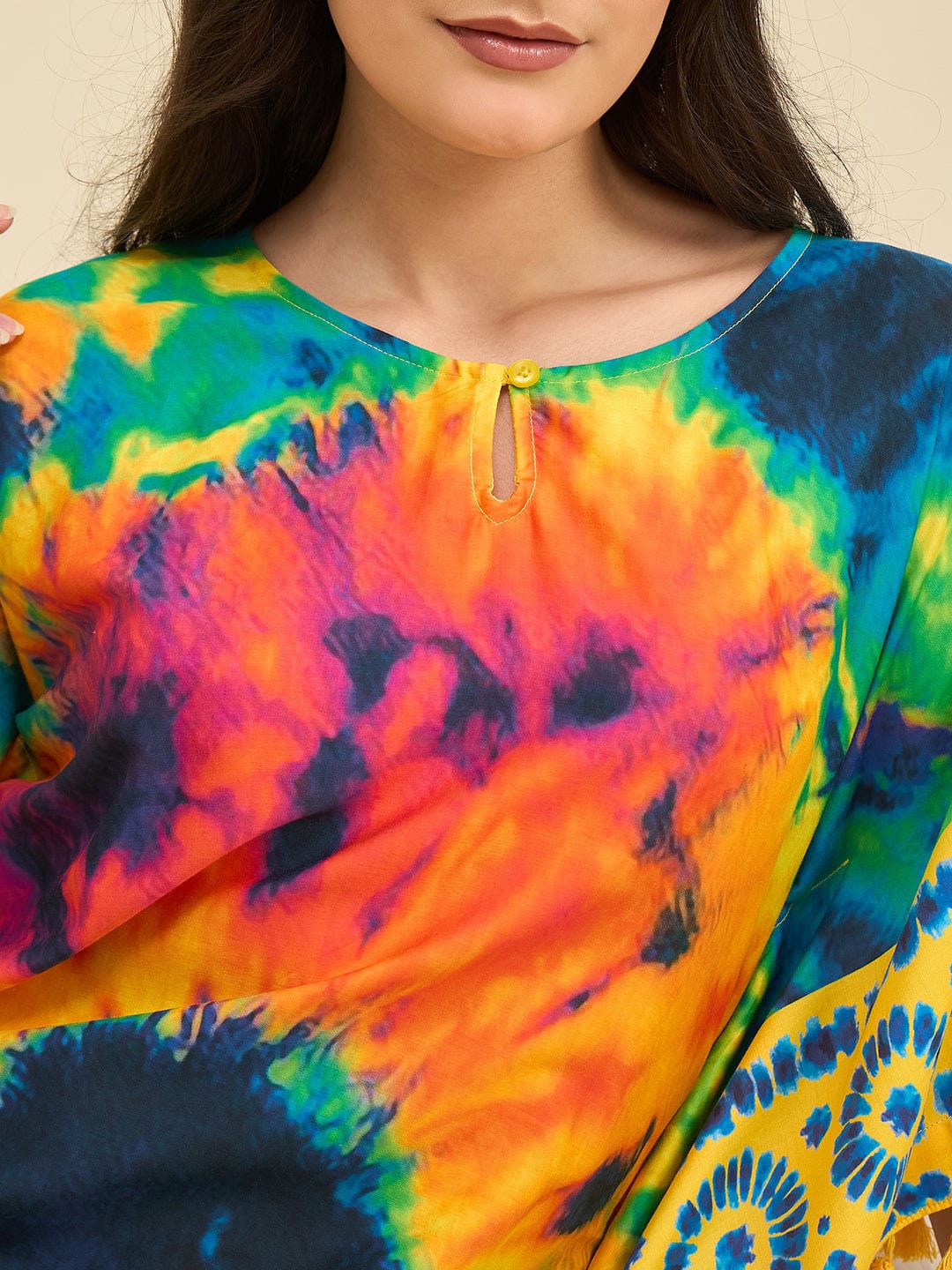 The Kaftan Company Kaftan Multicolor Burst Tie-Dye Printed Cotton Kaftan with Yellow Tassel Edges